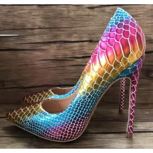 Bling Iridescent Snakeskin Printed Pumps Gradient Python High Heel Spring Single Dress Shoes Stiletto Heels Banquet Party Shoes