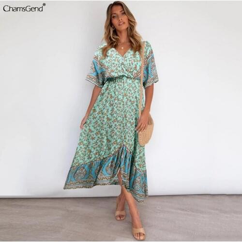 Bohemia Long Dress Women Short Sleeve Boho Floral Print V Neck Dress Ladies Summer 2021 New Holiday Party Sundress Vestidos