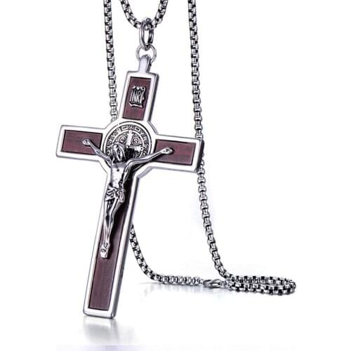 Big wide INRI Jesus Cross Crucifix Pendant Necklaces 316L Stainless Steel Link Chain St. Barbe Catholic Jewelry Father Gift