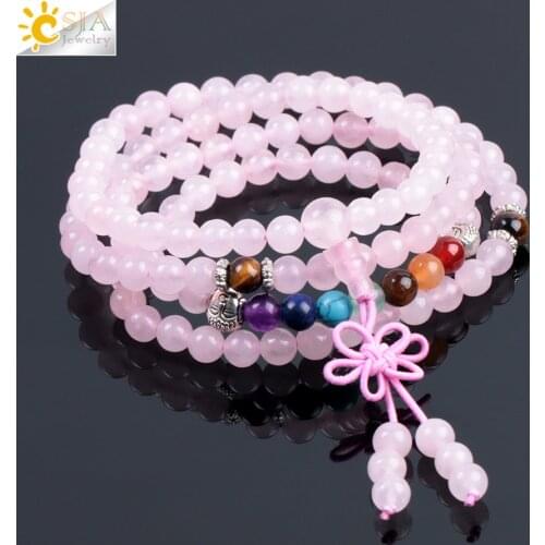 CSJA 2018 Natural Pink Quartz Multi-layer Wrapped Lady Bracelets Necklace Meditation Buddha 6mm 7 Chakra Mala Beads Healing E986