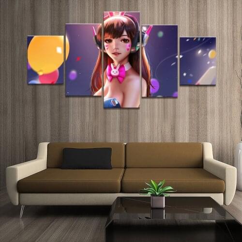 Home Decor Poster HD Pictures Prints Canvas 5 Piece Modular Bunny Girl DVA Overwatch Game Living Room Decorative Painting Framed