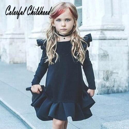 1-5 Yrs summer baby dress new born kids long flare sleeve soild ink pleated bebe vestidos