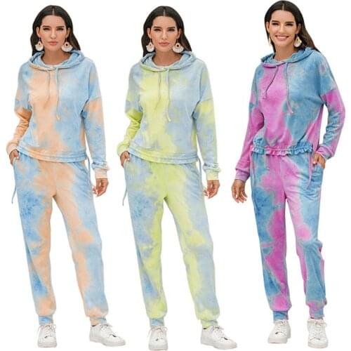 Womens Color Block Tie Dye 2 Piece Outfit Drawstring Pullover Hoodie Sweatshirt with Jogger Pants Loose Lounge Tracksuit