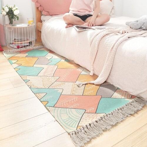 Ins Japanese style Cotton Hand-Woven Beside Carpet Floor Mats for home Bedroom Rooms With Long Fringed Anti-slip Floor Mats