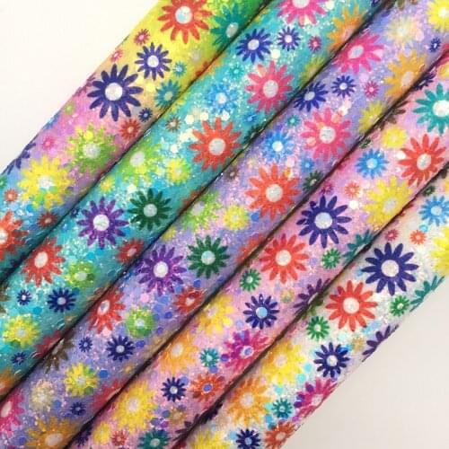 Amonglitter Wholesales Dropshipping Leather Supplier Flower Printed Glitter Leather Faux Fabric Vinyl Felt Backing 21X29CM MB159