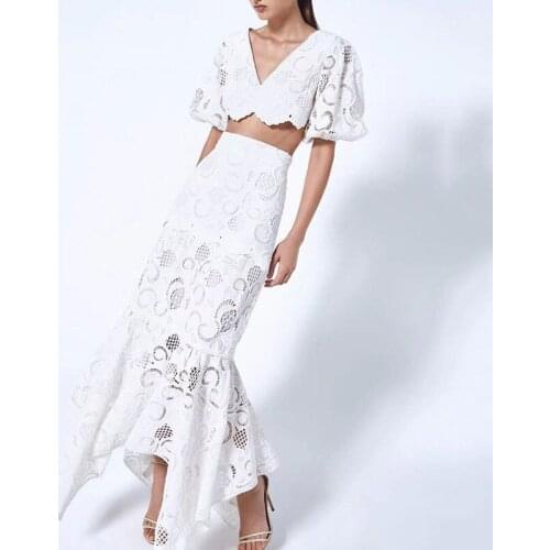 Lace Two Piece Set Women High Waist Long Skirt Puff Sleeve V Neck Cropped Elegant Hollow Out Sexy Party Dress Sets