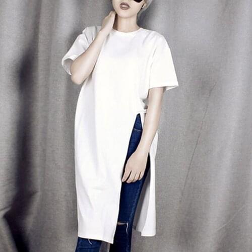 Summer Solid color long loose high slit o-neck T shirts tops Tees plus size female white black high split short sleeve t-shirts