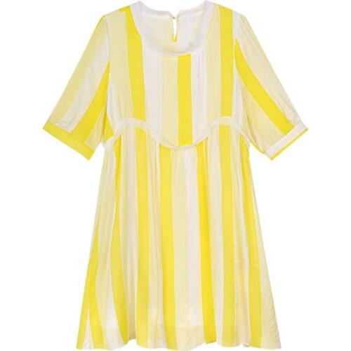 PERHAPS U Yellow Striped White Loose A Line Half Short Sleeve Mini Dress Pleat Casual Beach Summer Sundress Vocation D0317