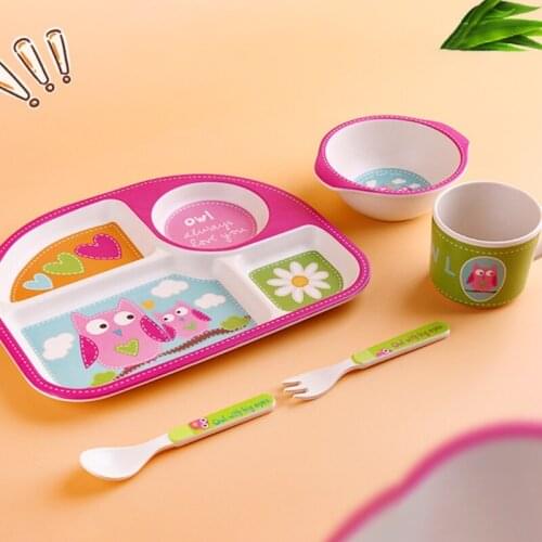 5 Pcs Bamboo Fiber Kids Tableware Set Division Sections Dinner Plate+Bowl+Spoon+Fork+Water Cup Kit