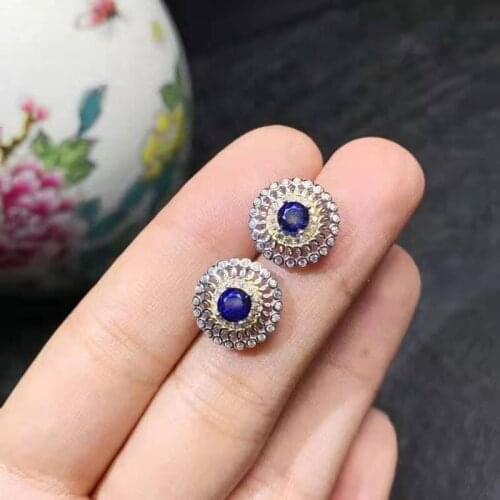 Natural High Quality Sapphire Round Earrings S925 Pure Silver Fine Fashion Charming Jewelry for Women Free Shipping