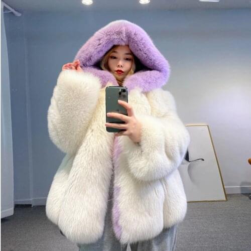 FURSARCAR 2020 New Fashion Whole Skin Winter Womens Jacket Natural Fox Fur Coat With Hood Color Mixing Thick Warm Real Fur