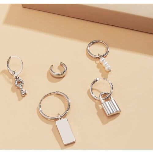 2021 New Trendy Simple Rhinestone Key Geometric Square Lock Drop Metal Hoop Earrings for Women Girls Ear Set Jewelry Accessories