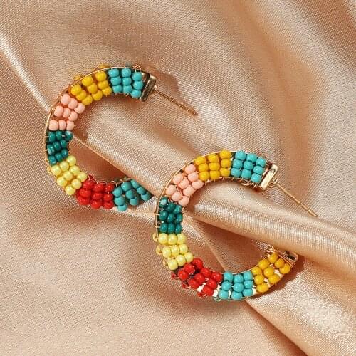 New Bohemia Colorful Beads Stud Earrings For Women Girls Round C-shape Statement Beaded Stud Earring Female Jewelry Brincos Gift