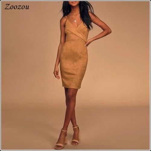 Women Fashion Suede Leather Dress Sexy V Neck Sleeveless Spaghetti Strap Midi Dress Elegant Backless Suede Bodycon Party Dress