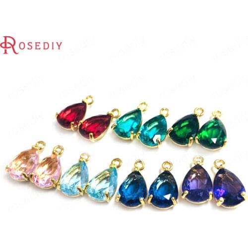 10PCS 7x10MM 24K Champagne Gold Color Brass and Glass Tear Drop Shape Charms Pendants Jewelry Making Supplies Diy Accessories