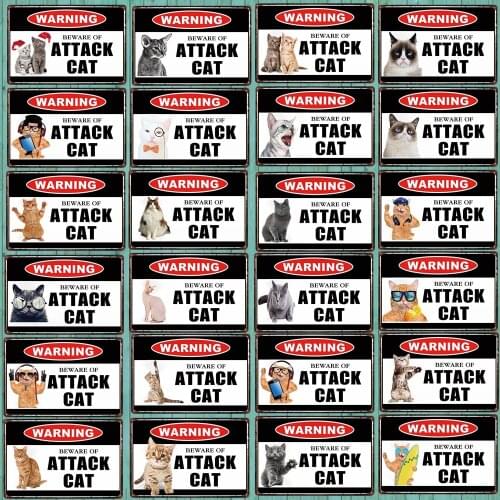 Warning Beware Attack Cat Watch Dog on Duty Pet Metal Plate Wall Pub Restaurant Home Art Decor Iron Poster Cuadros DU-4723A
