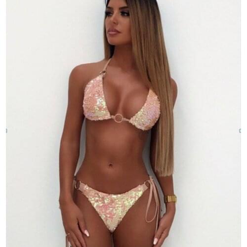 Sexy Women Sequined Bikini Set Solid Color Lace Up Halter Swimsuit Push Up Padded Split Swimwear Summer Bathing Suit Beachwear