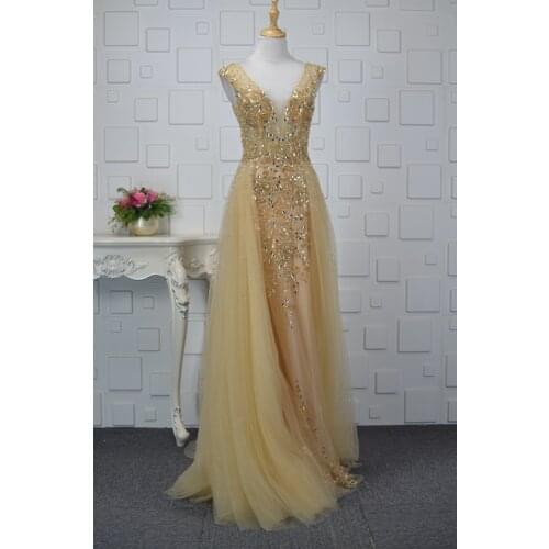 Champange Long lace chiffon Evening Dress 2020 v-neck sleeveless beads Bronzing True picture luckgirls prom Dress mocini tailor