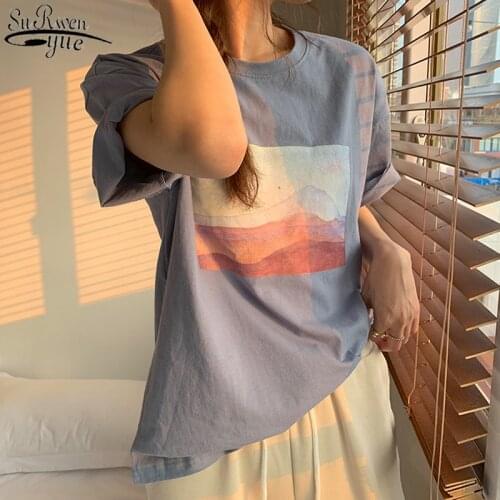 2021 Summer Vintage Landscape Painting Women Shirts Casual Short Sleeve Cotton Women White Tees Round-neck Female Tops 9999