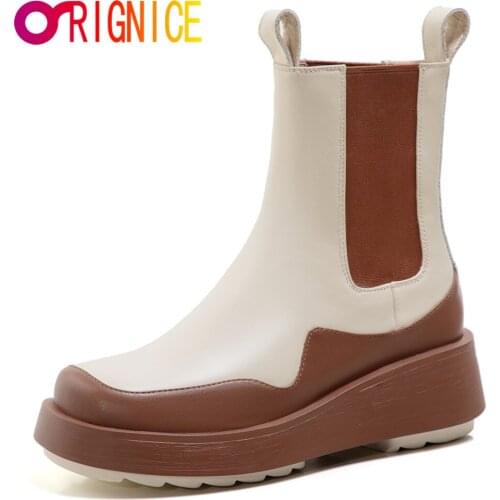 Orignice Luxury Brand Platform Chelsea Women Ankle Boots Chunky Bottom Autumn Slip On Mixed Color Designer Round Toe Casual Shoe