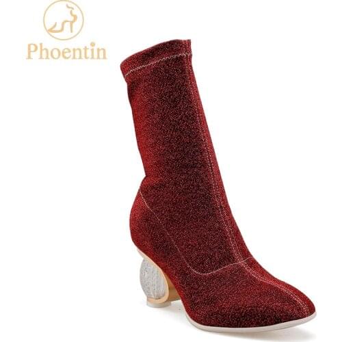 Phoentin wine red boots short barrel 2019 stretchable crystal heels booties woman round toe elegant women shoes promotion FT480
