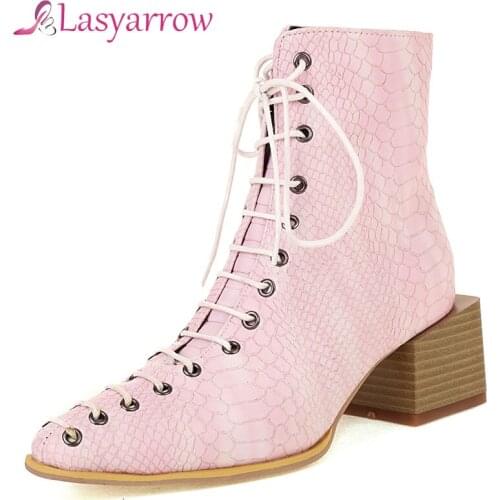 Lasyarrow Fashion Snake Print Women Boots Lacing Ankle Boots Comforty Chunky Heel Martin Boots Autumn Winter Woman Boots Shoes