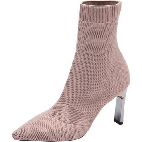 Maogu New Metal Blade Heels Socks Boots Women Stretch Fabric Elastic Stilettos Heel Pointed Toe Ankle Boots Shoes Woman Boats