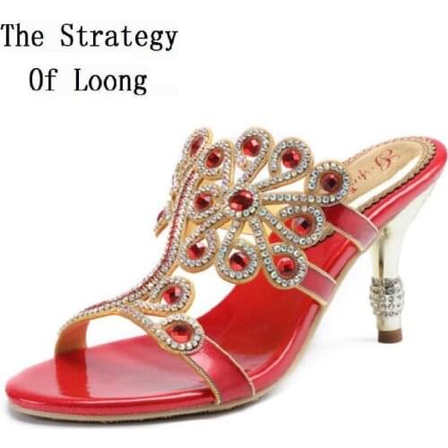Women Full Genuine Leather Thin High Heels Rhinestones Sexy Slippers Plus Size Open The Toe Real Leather Summer Shoes 20180714