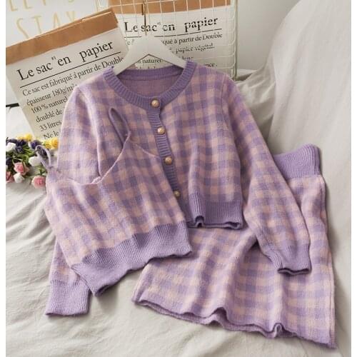 Sweet Plaid Three-Piece Womens New O Neck Single-Breasted Long-Sleeved Loose Sweater with Short Strap two piece set skirt