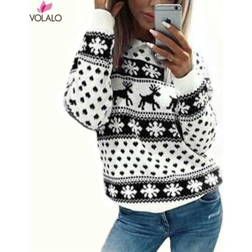 2020 Spring Winter Women Sweaters Snowflake Deer Pattern Printed Long Sleeve Tops O-Neck Lovely Pullovers Knitted Loose Sweaters