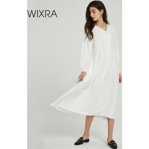 Wixra Women Solid Normcore Dresses Elegant Loose V Neck Long Sleeve Mid-calf Womens Cotton Dresses 2019 Autumn Spring