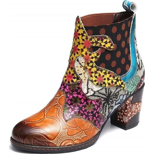 Winter Ladies Printed Martin Boots Plus Size PU Leather Patchwork Female High Heel Fashion Slip On Plush Ankle Boots