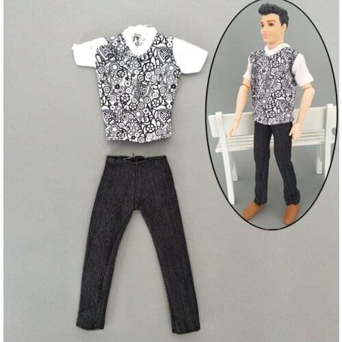 1set 1/6 Boy Doll Clothes Painted Flower Shirt & Black Pants Trousers For Ken Doll Clothes For Barbie Boyfriend Ken Prince Dolls