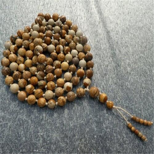 6mm Picture Stone Knotted Tassel 108 Bead Mala Necklace Buddhism Elegant Healing Reiki Pray Lucky Chic Wrist