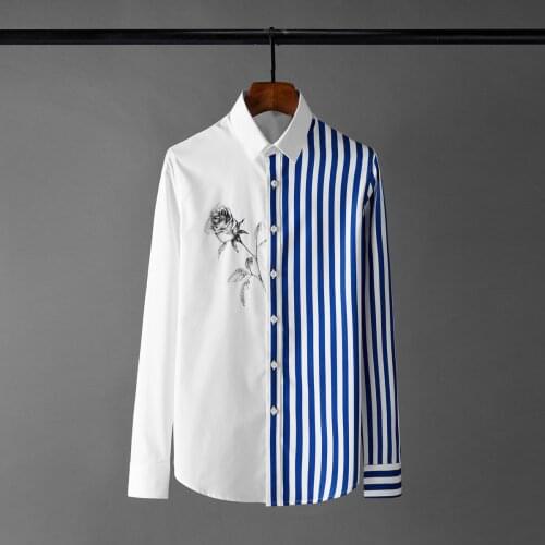 Brand Striped Floral Stitching Mens Long-sleeved Slim Shirt Casual Handsome Cotton Mens White Shirt for Men Business Dress Top
