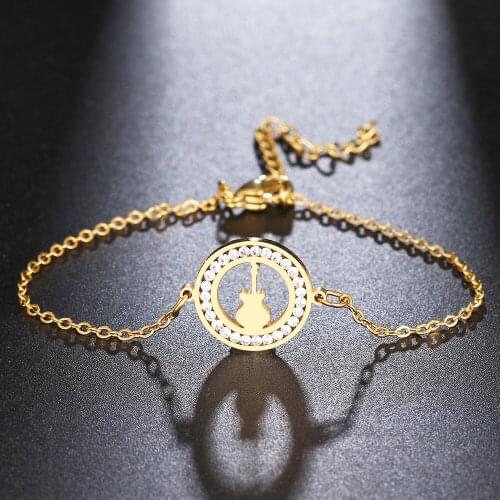 CACANA 316L Stainless Steel For Women Crystal Bracelet Art Violin Round Bracelets Gold Color Engagement Gifts Jewelry New