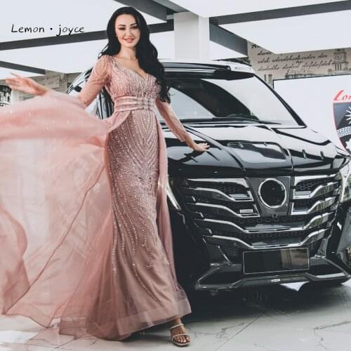 Elegant Pink Muslim Evening Dresses Long Sleeves V-Neck Beading Mermaid Formal Evening Gowns Plus Size