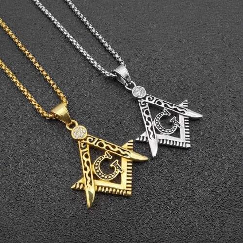 Hip Hop Iced Out Mason Masonic AG Sign Pendant Necklaces Gold Color Stainless Steel Chains For Women Men Jewelry Dropshipping