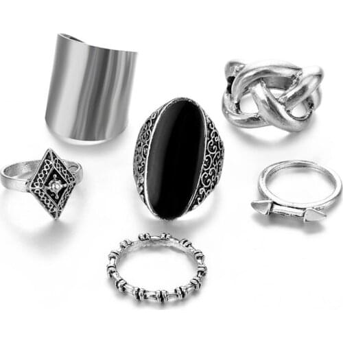 UMKA 6 Pcs/set Bohemian Retro Black Stone Rings Ladies Party Rings Set Charm Jewelry Accessories High Quality Party Gift