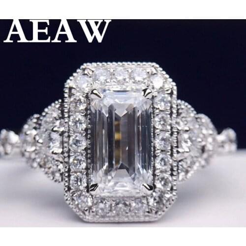 Luxury 2CTW Center 1.2 Moissanite Ring Solid 18K White Gold Engagement Ring Emerald Cut Lab Grown Diamond Wedding Ring For Women