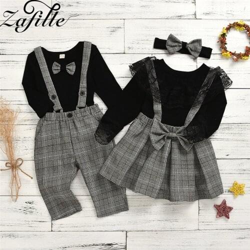 ZAFILLE 2Pcs Brother and Sister Clothing Baby Boy Clothes Set Top+Overalls With Bow Tie Toddler Girl Outfits Kids Clothes Girls