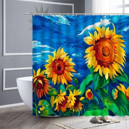 Colorful Flowers Shower Curtain Tulip Lotus Sunflower Landscape Art Bathroom Curtains Waterproof Fabric Bath Screen Home Decor