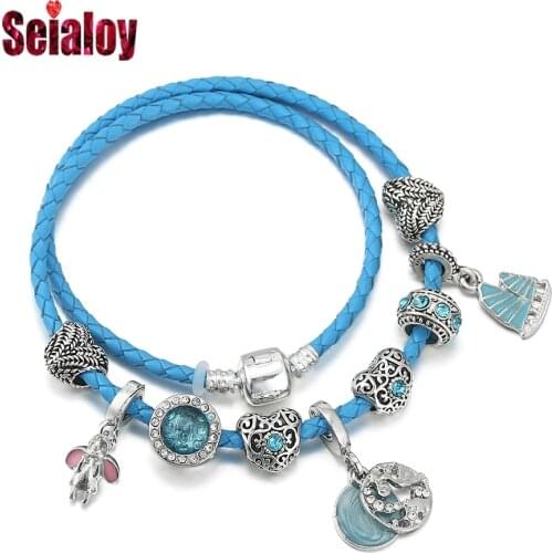 Seialoy Summer Ocean Style Cyan Leather Bracelets For Boys Girls Heart Beads Elephant Sailing Charm Bracelet Childrens Gifts