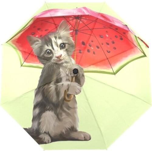 Cute Cat Hold A Red Umbrella Pattern Three Folding Women Umbrella Automatic 2021 High Quality Can Custom Design Umbrella Parasol