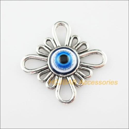 Fashion 6Pcs Tibetan Silver Color Flower Resin Eyes Charms Pendants 32mm