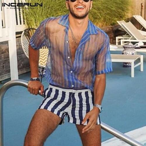 Men Striped Shirt Mesh Lapel Short Sleeve See Through Fashion Casual Hawaiian Shirts Breathable Streetwear 2021 Camisa INCERUN 7