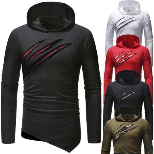 Mens Hooded T-Shirt Long Sleeve Solid Color Pullover T-Shirt with Claw Mark Casual Camouflage Color Matching Irregular Hem Tops