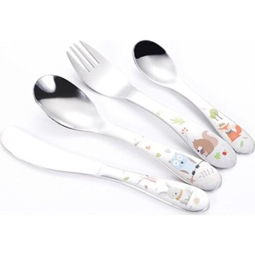 Children Tableware Cutlery Set 4Pcs Stainless Steel Child Cartoon Kids Dinner Knives Forks Sets Food Dining Dinnerware Set