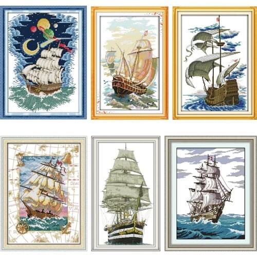 Embroidery Needlework Cross-Stitch Kit Stamped Printed Sailing Ship Patterns 11CT 14CT Painting Counted Patterns Craft Decor Set