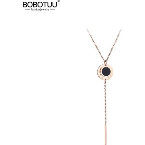 BOBOTUU 316L Stainless Steel Love Tassel Pendant Necklaces Jewelry Luxury Rose Gold Color Shell Necklace For Women BN17047